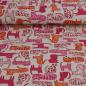 Preview: Dekostoff Halbpanama Katzen pink orange auf beige